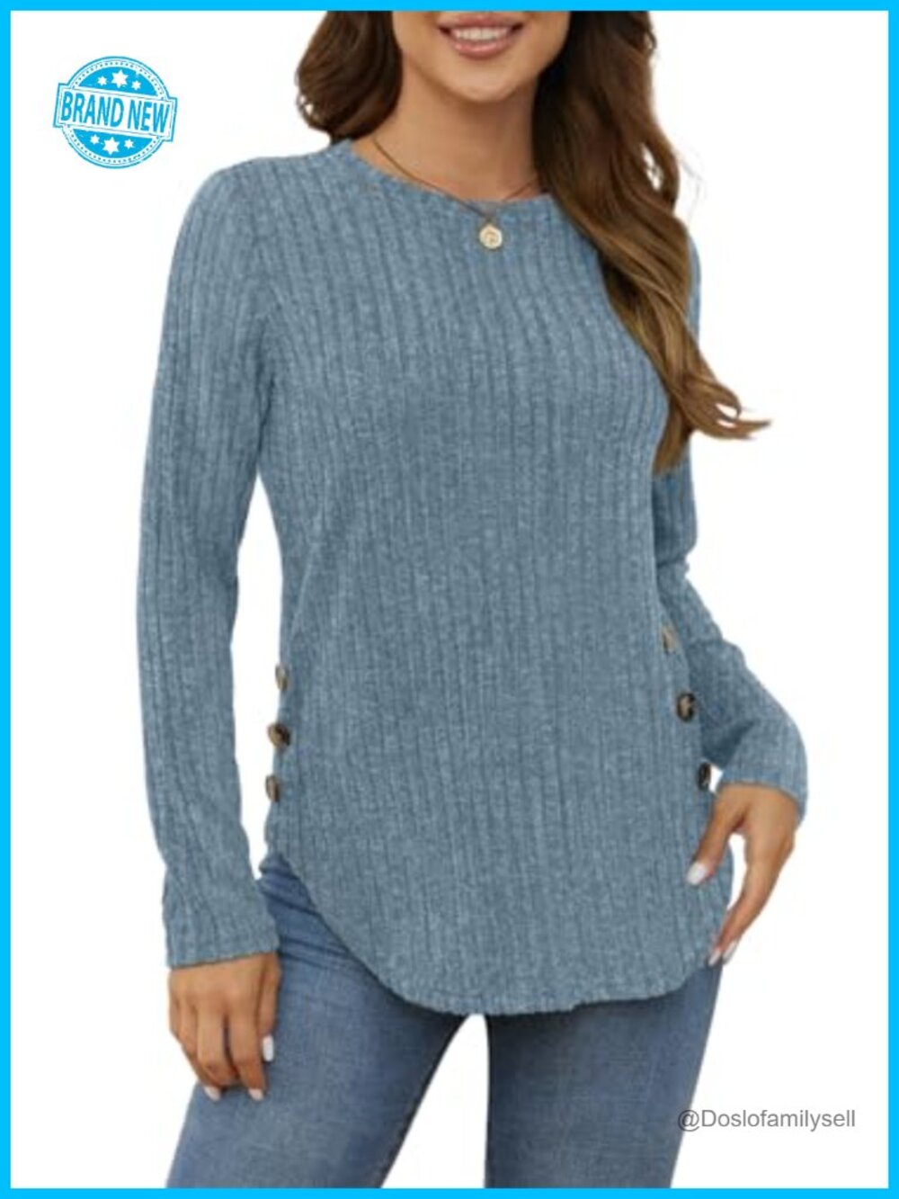 Ribbed Knit Tunic Top Long Sleeve Loose Fit Sweater with Decorative Buttons
